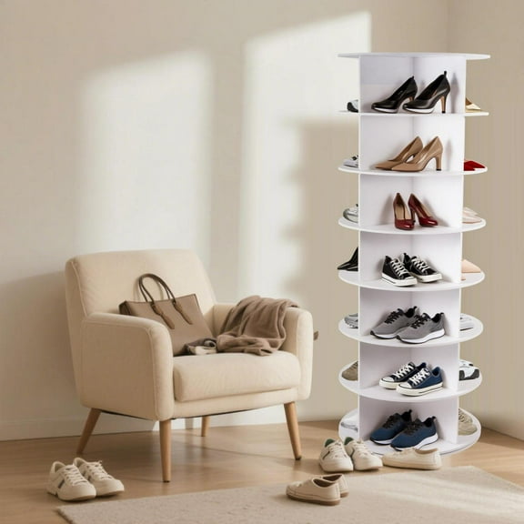 Rotating Shoe Rack 7 Tier Organizer, High Bottom Design Shoe Tower Storage Lazy Susan, Revolving Rack 360, Closet Handbag Display Rotate Organizers (White)