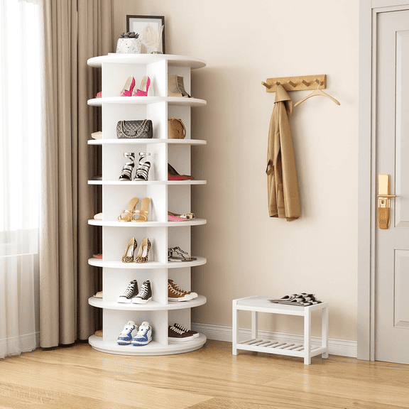 Rotating Shoe Rack 7 Tier Spinning Shoes Organizer Tower for 28-32 Pairs Lazy Susan 360 Revolving Shoe Storage Cabinet Rotate Shoe Handbag Rack Round Carousel for Closet, Bedroom (White)