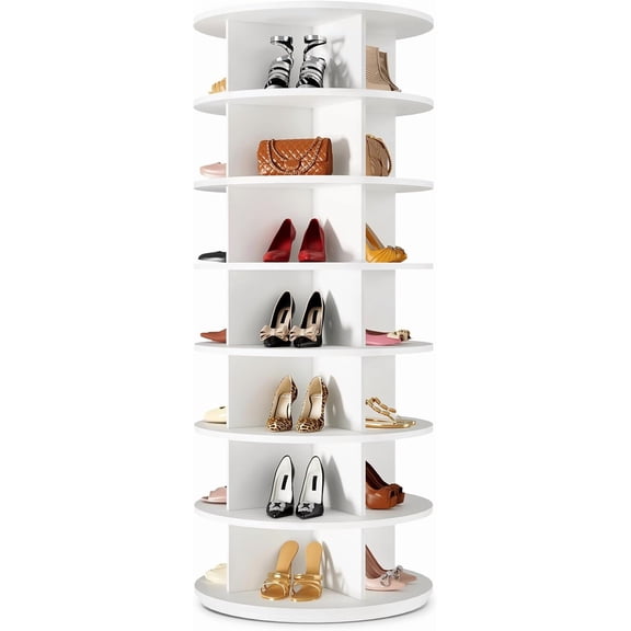 Rotating Shoe Rack 7 Tier Spinning Shoes Organizer Tower for 28-32 Pairs Lazy Susan 360 Revolving Shoe Storage Cabinet Rotate Shoe Handbag Rack Round Carousel for Closet, Bedroom (White)