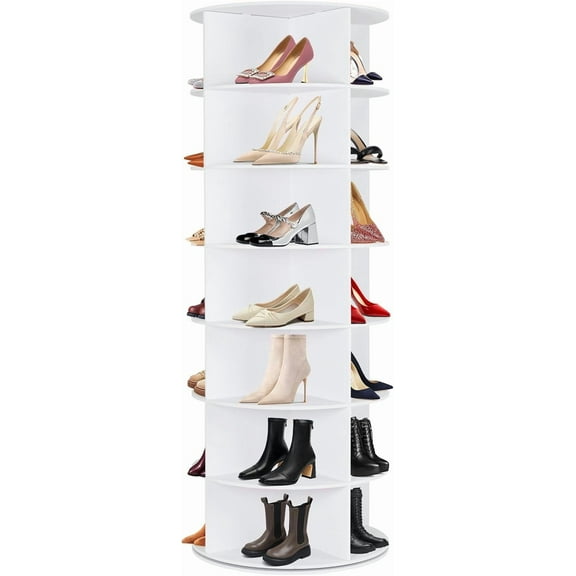 Rotating Shoe Rack Tower, 7 Tier 28 Pairs Large Shoe Storage Organizer, Space-Saving Free Standing Shoe Racks, 360 Revolving Round Shoe Rack for Closet Handbag Display, White