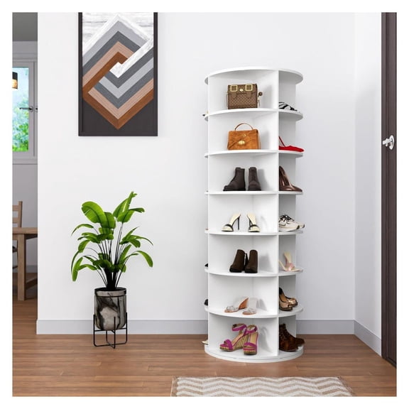 Rotating Shoe Rack Tower 7 Tier - 360 Spinning Shoe Organizer for Closet, Holds 28 Pairs - Vertical Shoe Display Carousel for Handbags & Accessories - White