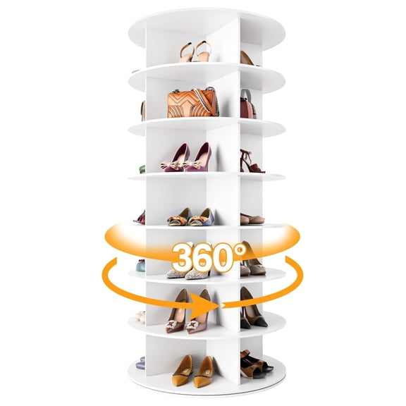 Rotating Shoe Rack Tower 7 Tier Organizer, Vertical Spinning Shoe Display Lazy Susan, Revolving 360 White Shoe Rack Storage Round Carousel, Rotate Shoes Closet Organization