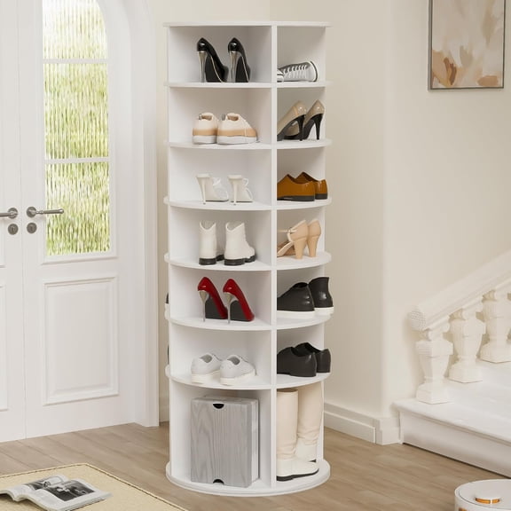 Rotating Shoe Rack Tower, 7-Tier Spinning Shoe Shelf with 4 Grids Per Layer, Display Rack, Lazy Susan 360 Revolving Shoe Carousel Closet Organizer for Entryway, Living Room, White