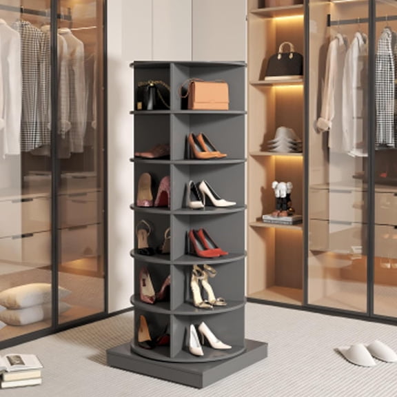 Rotating Shoe Rack Tower, Wooden Spinning Shoe Organizer, Free Standing 360° Revolving Lazy Susan Shoe Rack for Entryway (Grey, 6-Tier)