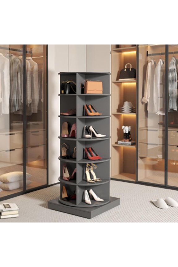 Rotating Shoe Rack Tower, Wooden Spinning Shoe Organizer, Free Standing 360° Revolving Lazy Susan Shoe Rack for Entryway (Grey, 6-Tier)