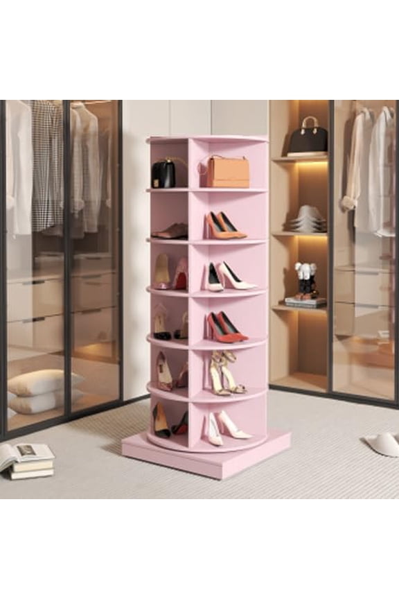 Rotating Shoe Rack Tower, Wooden Spinning Shoe Organizer, Free Standing 360° Revolving Lazy Susan Shoe Rack for Entryway (Pink, 6-Tier)