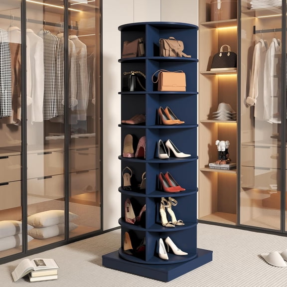 Rotating Shoe Rack Tower, Wooden Spinning Shoe Organizer, Free Standing 360° Revolving Lazy Susan Shoe Rack for Entryway (Smoke Blue, 7-Tier)