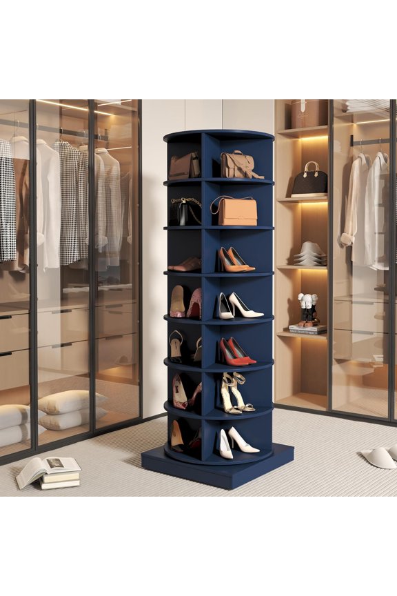 Rotating Shoe Rack Tower, Wooden Spinning Shoe Organizer, Free Standing 360° Revolving Lazy Susan Shoe Rack for Entryway (Smoke Blue, 7-Tier)