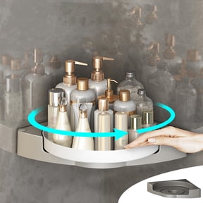 Rotating Shower Caddy Corner Shelf | 360 Swivel Bathroom Organizer for Shampoo & Soap | No Drill Adhesive Storage Rack for Shower, Tub, or Kitchen | White Plastic Turntable for Toiletries