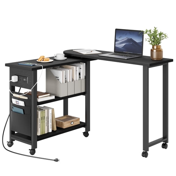 Rotating Side Table Swivel End Table with Charging Station and Extra Storage Bag, Movable End Table with 6 Brake Wheels for Bedroom Living Room