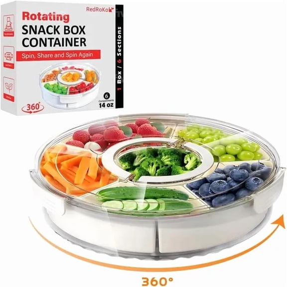 Rotating Snack Box Container - Divided Serving Tray with Lid - Snack Spinner - Pie Carrier, Mess-Free Snack Container - Veggie Tray with Lid for Fridge - Spinning Snack Container