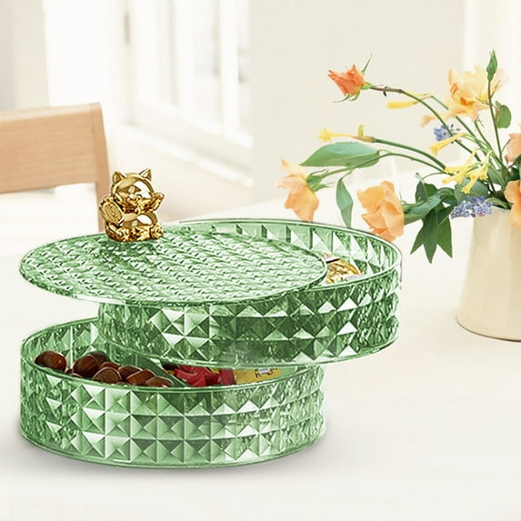 Rotating Snack Storage Box | 2-Tier Divided Fruit & Candy Tray with Lid | Transparent Cover for Kitchen, Living Room | 16.5x12.8cm Household Organization