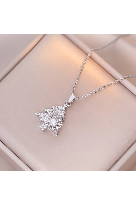 Rotating Snowflake Christmas Tree Pendant Necklace - Stainless Steel Diamond Collarbone Chain