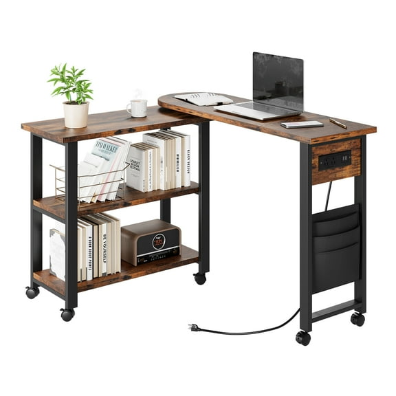 Rotating Sofa Side Table, 360° Free Rotating End Table with Charging Station, 2-Tier Hidden Couch Side Desk, Movable Laptop Table with Side Storage Pocket and 6 Casters