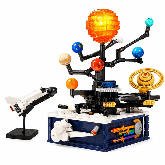 Rotating Solar System Building Blocks Model with Light, Astronomy Space Planet Kit with Sun & Planets, Interactive Science Learning Set, Creative Desk Display & Gift Idea