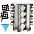 Rotating Spice Rack with 16 Seasoning Jars, Revolving Spice Tower Organizer Stainless Steel for Countertop/Kitchen Storage, with Reusable Labels, Funnel and Pen Set