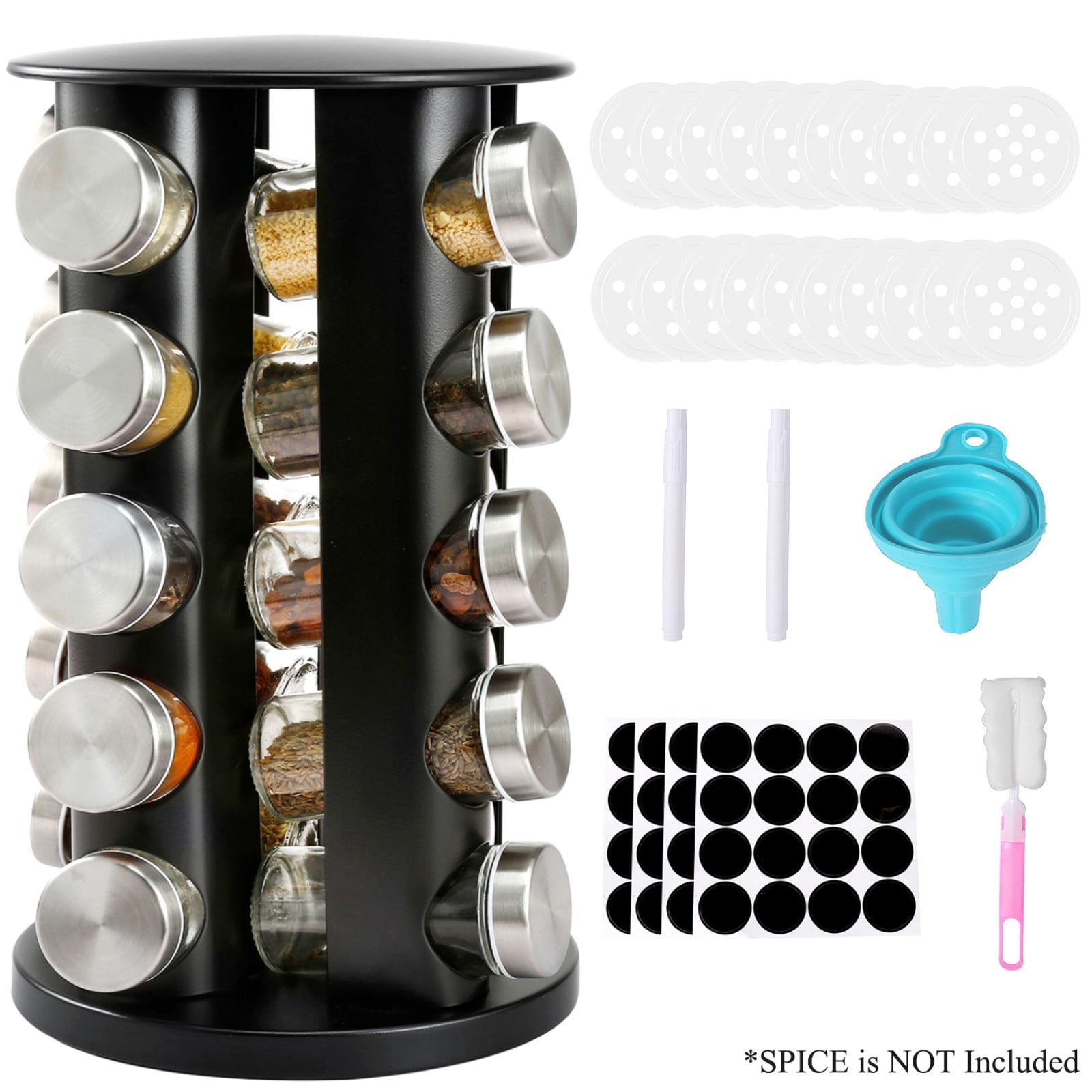 Rotating Spice Rack with 20 Jars & Labels Set - Stainless Steel Revolving Standing Seasoning Spice Rack Organizer for Cabinet, Kitchen Countertop (Black)