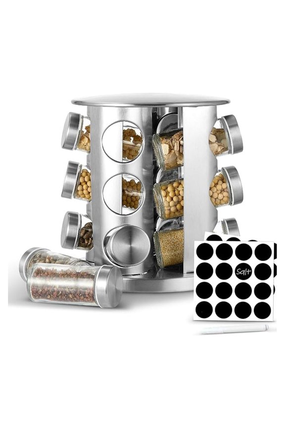 Rotating Spice Rack Countertop - 12 Jar Stainless Steel Organizer for Spices & Seasonings - with Labels & Marker - Revolving Storage
