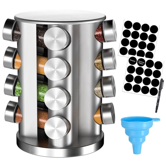 DAKOMM Rotating Spice Rack Organizer, 16 Glass Jars, Stainless Steel ...