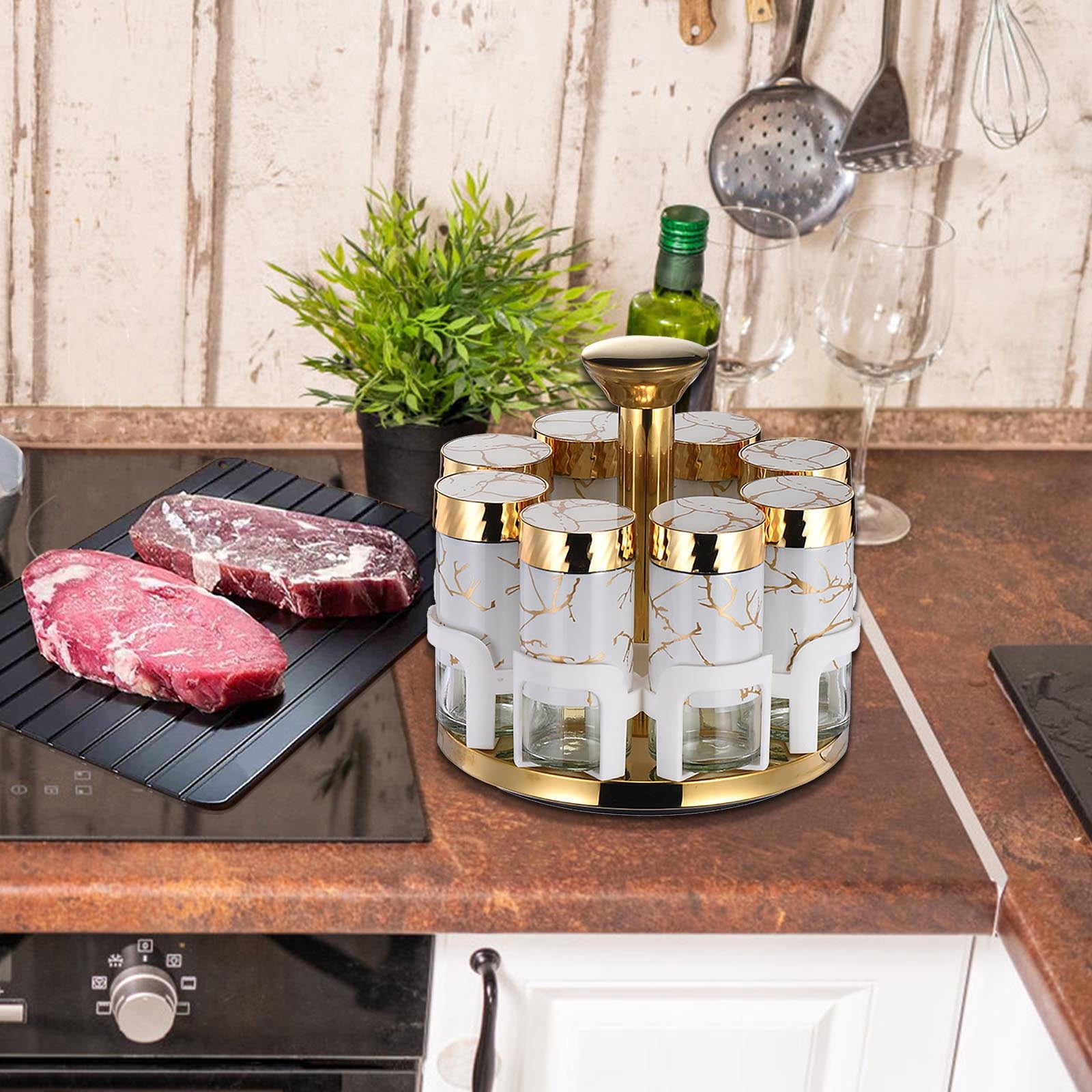 Rotating Spice Rack Organizer with 6 Glass Jars, 360° Swivel Base for ...