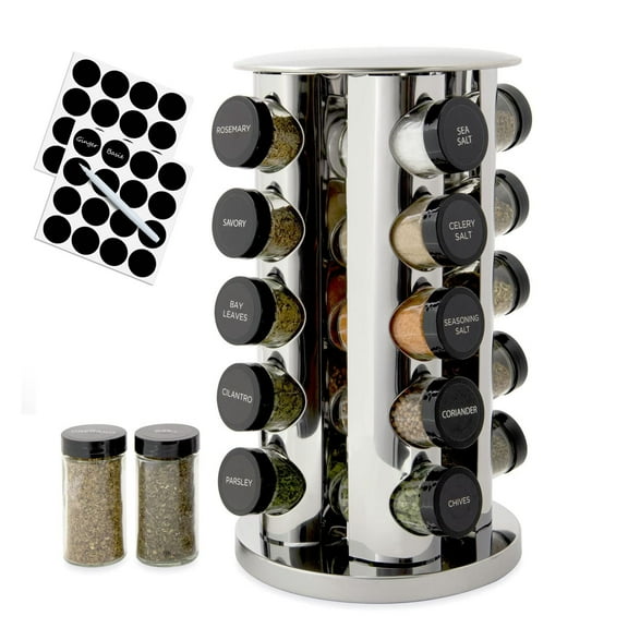 Rotating Spice Rack Organizer, Spice Rack with 20 Jars, Seasoning Organizer with Labels, Stainless Steel Spice Carousel for Kitchen Countertop(Spices Are Not Included)