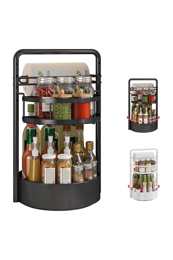Rotating Spice Rack with Paper Towel Holder,360 Degree 2 Tier Height Adjustable Rotating Spice Rack and it Spins or Paper Towel Holder,Seasoning Organizer for Countertop & Cabinet