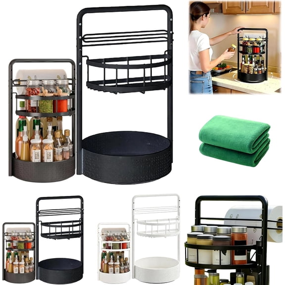 Rotating Spice Rack with Paper Towel Holder, 360 Degree 2 Tier Height Adjustable Rotating Spice Rack, Two-Color Metal Lazy Turntable, Non-Slip Kitchen Countertop Cabinet Organizer