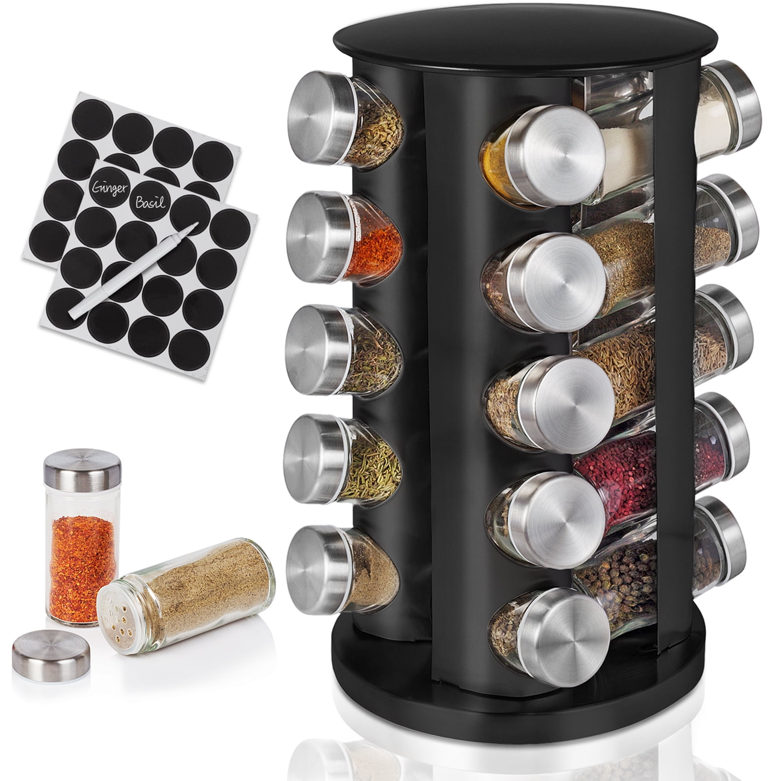 KOKM Revolving Spice Rack, 6-Jar Seasoning Organizer Holder 360° Rotation  Shelf Tower Set with 6 Glass Spice Refill Containers Jars for Cabinet