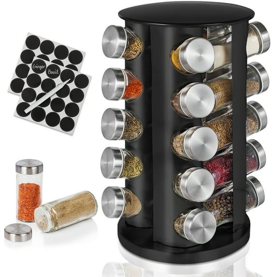 Rotating Spice Rack with Jars, Spinning Spice Rack Shelf, Revolving Spice Rack for Kitchen (Black)