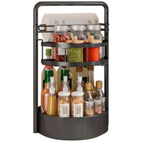 Rotating Spice Rack with Paper Towel Holder, 2 Tier Lazy Susan for Spices, Sturdy Iron Seasoning Organizer for Kitchen Countertop, Black