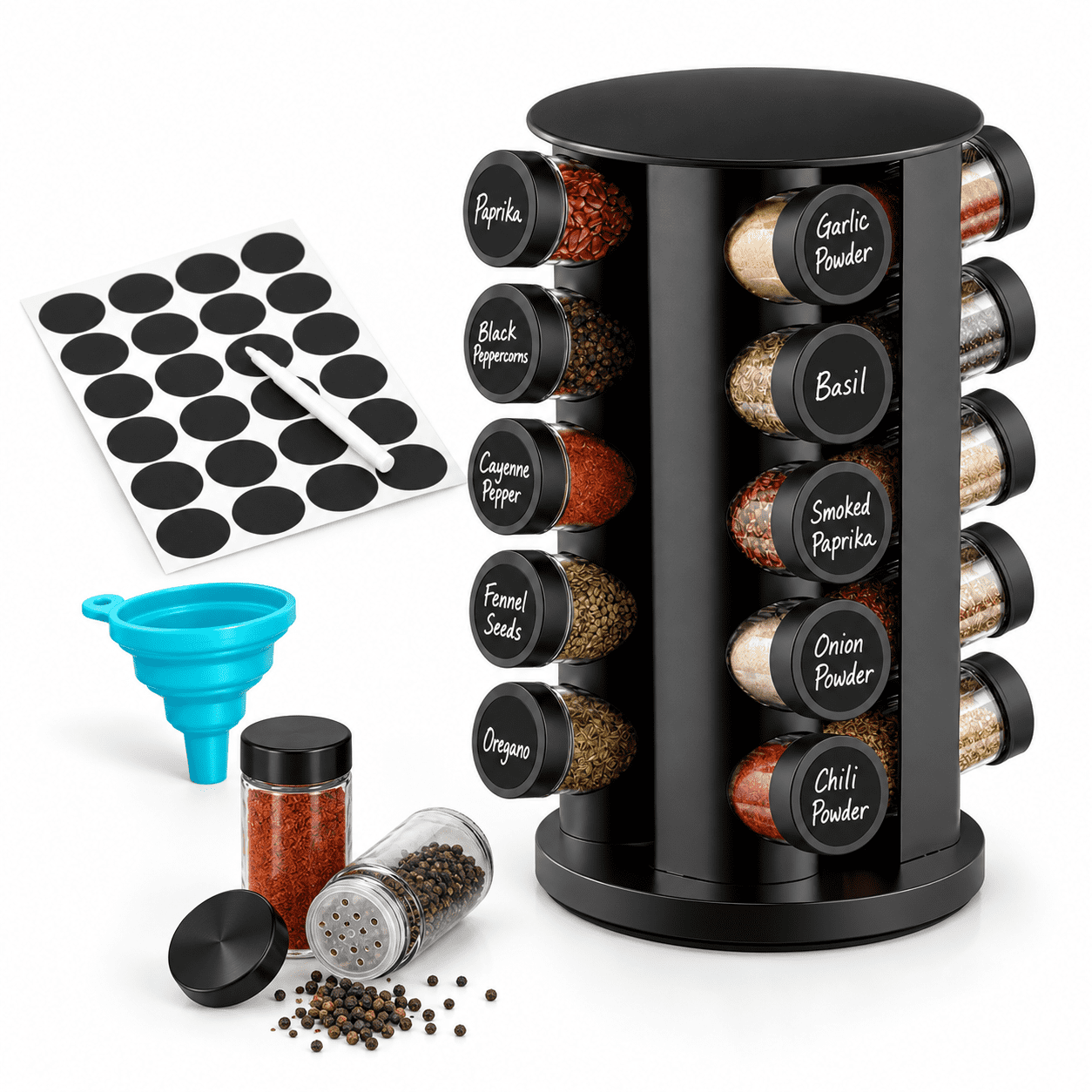 Rotating Stainless Steel Spice Rack Organizer with 20 Glass Jars, Black ...
