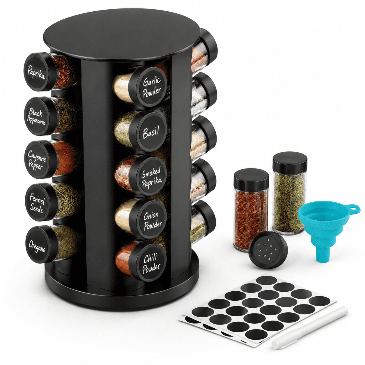 Rotating Stainless Steel Spice Rack Organizer with 20 Glass Jars, Black ...