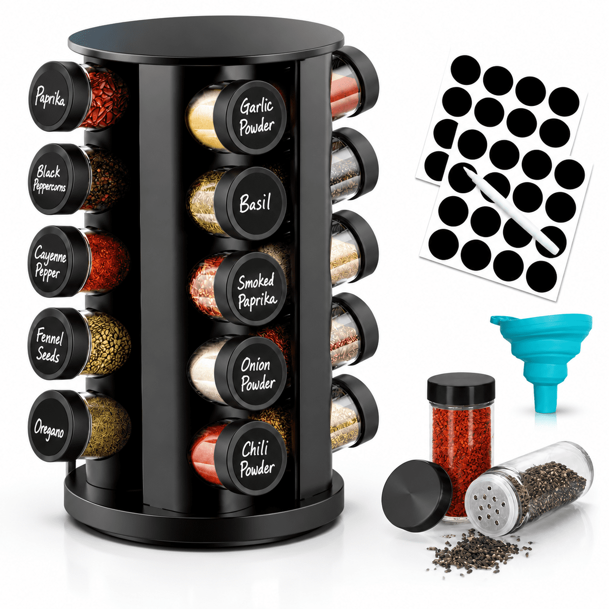 Rotating Stainless Steel Spice Rack Organizer with 20 Glass Jars, Black ...