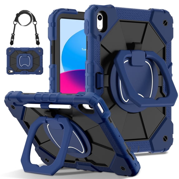 Rotating Stand Case For iPad (A16) 11th 10th Generation (2025/2022) 3 Layer Protection Shockproof Heavy Duty Cover with Shoulder Strap & Pencil Holder