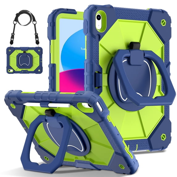 Rotating Stand Case For iPad (A16) 11th 10th Generation (2025/2022) 3 Layer Protection Shockproof Heavy Duty Cover with Shoulder Strap & Pencil Holder