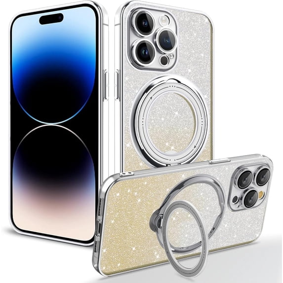 Rotating Stand Glitter Four Corners Protective Phone Case for iPhone 13 12 11 / Pro/Pro Max, Back Cover with Lens Film, Magnetic Bracket Shell