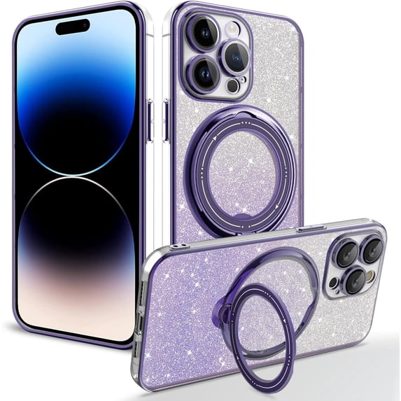 Rotating Stand Glitter Four Corners Protective Phone Case for iPhone 13 12 11 / Pro/Pro Max, Back Cover with Lens Film, Magnetic Bracket Shell