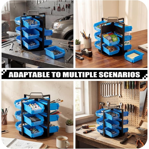 Rotating Storage Bins Tool Organizer 3 Tiers Hardware Crafts Small Parts, Nuts and Bolts, Revolving 12 Bins Storage for Workshop, Shed, Garage, Home(Blue)$$Tools & Hardware Other