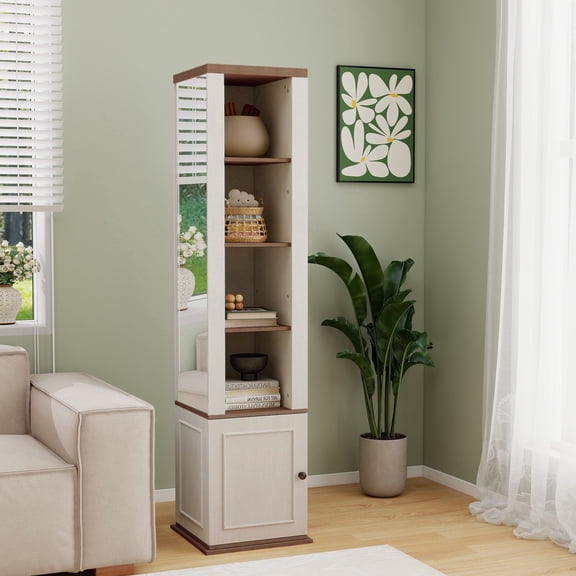 360 Rotating Storage Cabinet Tower with Mirror, 4-Tier Open Shelves & Magazine Rack, for Living Room, Bedroom, Entryway, Antique White