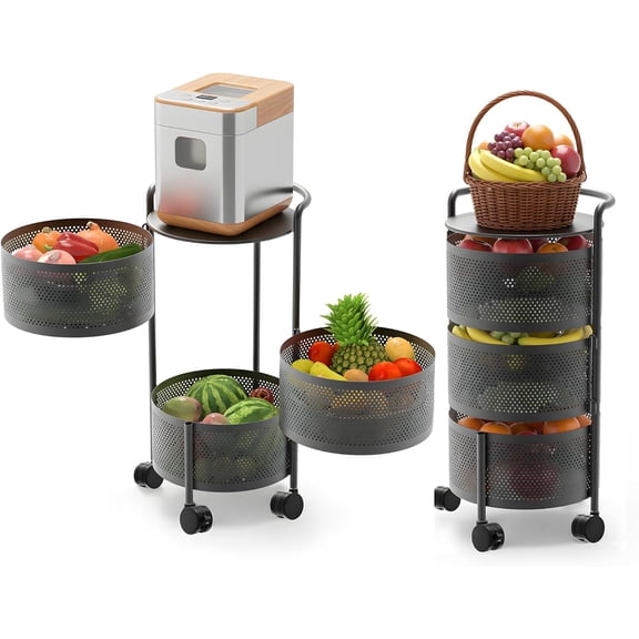 Rotating Storage Carts No Assembly,Round Storage Basket Rack Shelf Organizer on Rolling Wheels for Fruit Vegetables Grocery Corns Potato Onion Snack in Kitchen Pantry