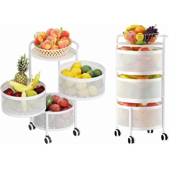 Rotating Storage Carts No Assembly,Round Storage Basket Rack Shelf Organizer on Rolling Wheels for Fruit Vegetables Grocery Corns Potato Onion Snack in Kitchen Pantry