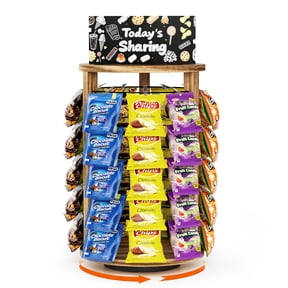 360Rotating Snack Organizer With 50 Clips,Wooden Chip Rack Display Stand, Chip Bag Holder Candy Display with Message Board for Countertop Home Office Party Retail,Rustic Brown