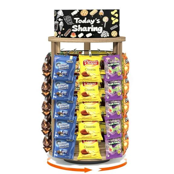 360Rotating Snack Organizer With 50 Clips,Wooden Chip Rack Display Stand, Chip Bag Holder Candy Display with Message Board for Countertop Home Office Party Retail,Rustic Brown