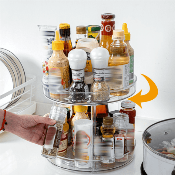 [Rotating Storage Rack] 2-Tier 360 Rotating Transparent Storage Rack | Versatile Organizer for Kitchen, Bathroom & Office - Durable PET Material with Anti-Slip Design