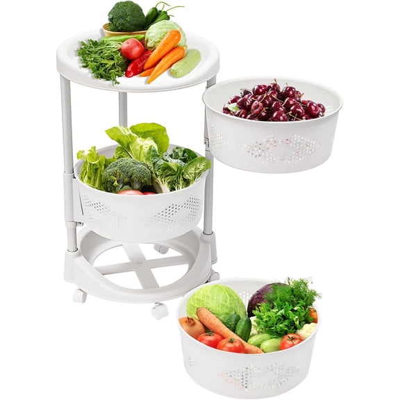 Rotating Storage Rack, 3-Tier Round Storage Basket Shelves, Kitchen Storage Basket Cart with Wheels, Ideal for Living Rooms, Kitchens, Bathrooms, White