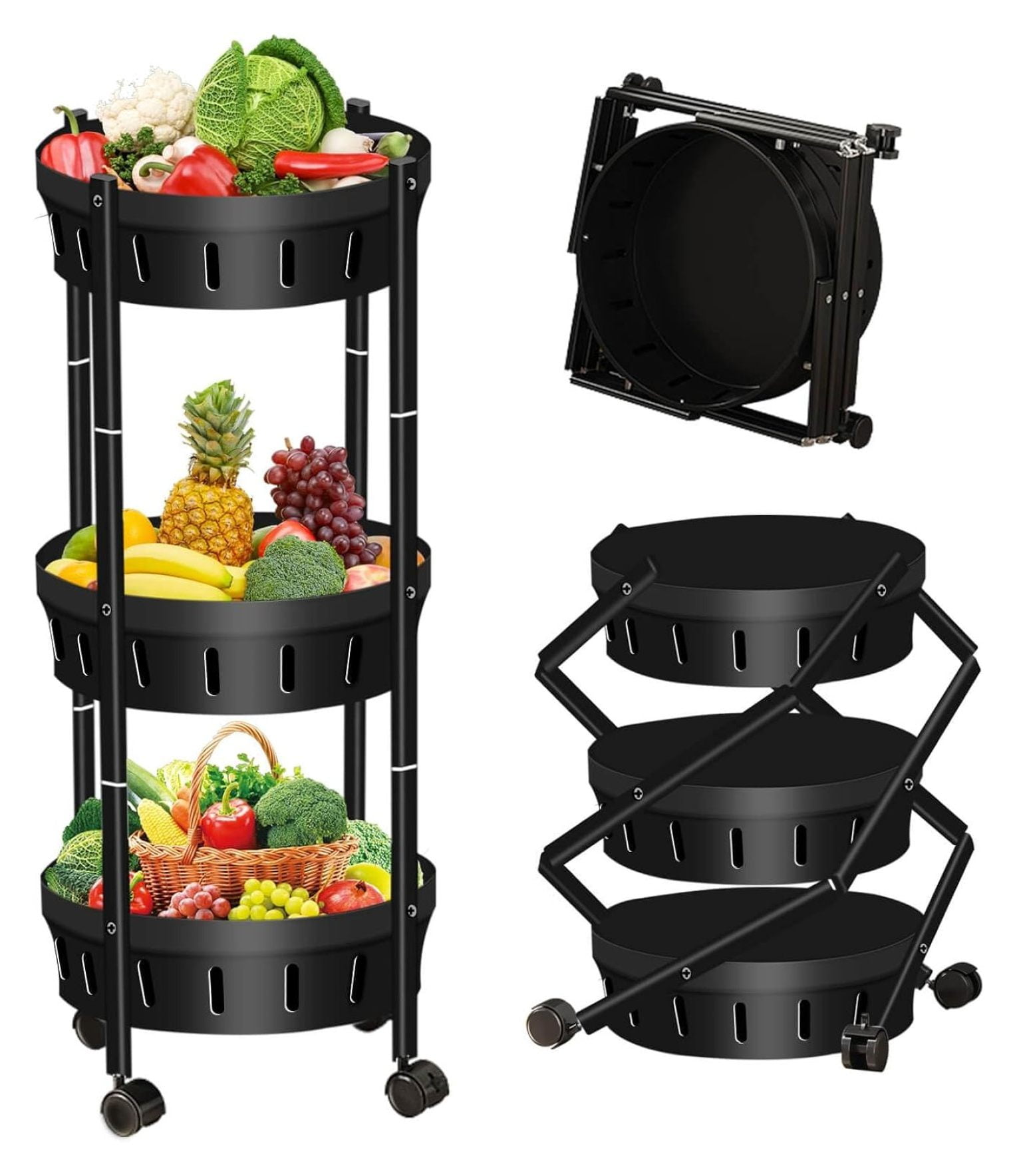 Rotating Storage Rack for Kitchen No Assembly, 3 Tier Fruit Basket