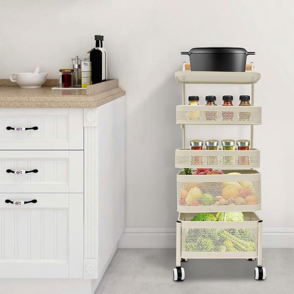 Rotating Storage Rack, Kitchen Organization and Storage Rack Fruit and Vegetable Basket for Kitchen Detachable Storage Basket Standing Rolling Storage Cart (5 Tiers)