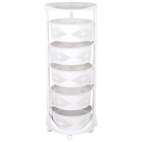 Rotating Storage Shelves Rack, 5 Tier Circular Rotating Basket Vegetable Organizing Rolling Storage with 5 Universal Casters & 2 Brakes, Floor Stand Shelf Fruit Tower for Corns Potato