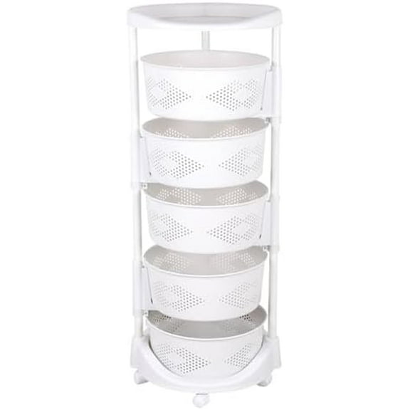 Rotating Storage Shelves Rack, 5 Tier Circular Rotating Basket Vegetable Organizing Rolling Storage with 5 Universal Casters & 2 Brakes, Fruit Basket Floor Stand Shelf Fruit Tower for Corns Potato
