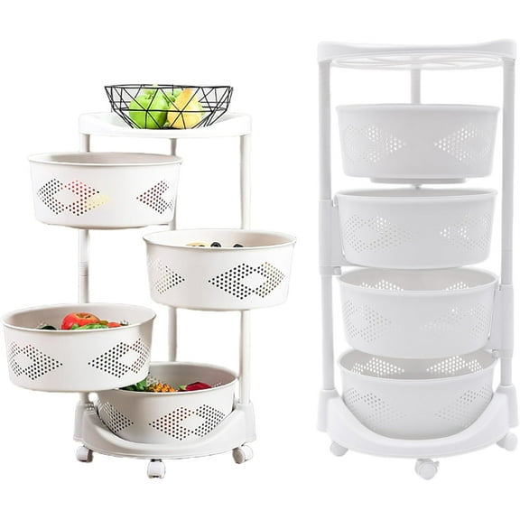 Rotating Storage Shelves Rack, Fruit Vegetable Basket for Kitchen, Kitchen Rotating Storage Rack with Wheels, Removable Roller Grocery Basket Shelf for Corns Potato (Four Layer Storage Basket), White